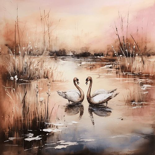 Two swans in a winter morning landscape