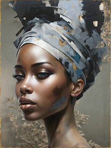 Femme africaine avec foulard bleu sur fond sombre