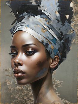 Femme africaine avec foulard bleu sur fond sombre