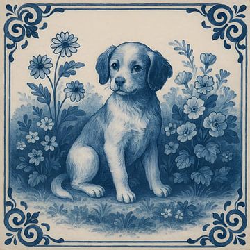 Delfter Blau Fliese Hund von FoXo Art