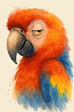 Grappige papegaai (AI) ( close-up vogel kleurrijk kinderkamer aquarel schilderij tropisch jungle dieren humor exotisch geelvleugel ara) van Natalie Bruns