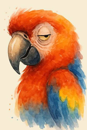 Grappige papegaai (AI) ( close-up vogel kleurrijk kinderkamer aquarel schilderij tropisch jungle dieren humor exotisch geelvleugel ara)