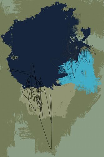 Moderne abstracte kunst. Vormen en lijnen in heldere kleuren. Donkerblauw, olijfgroen en groen