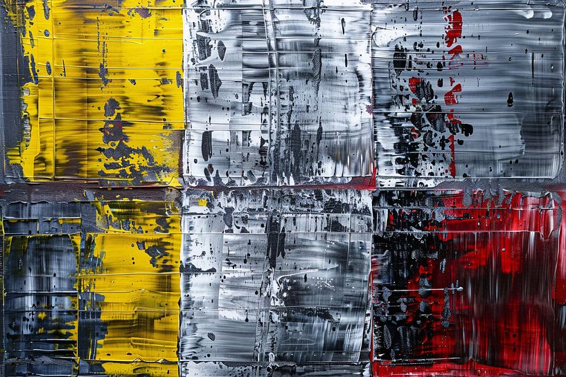 Abstract schilderij met geel, zwart, rood, wit van Art & Soul Creations