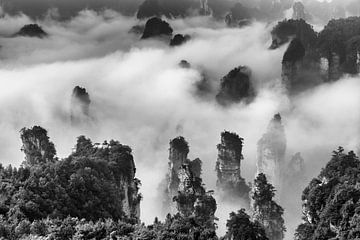 Landschaft mit Sandsteinsäulen in China in Schwarz und Weiß