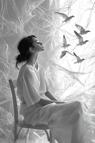 young woman surrounded by birds