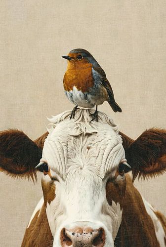 Robin on the head of a reddish-brown cow by Emiel de Lange