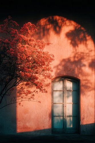 Sonnenbeschienene Mauer und blühender Baum