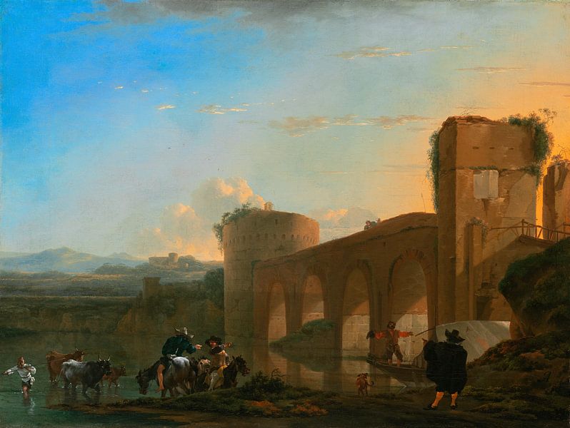 Der Tiber mit der Ponte Molle bei Sonnenuntergang, Jan Asselijn von Meisterhafte Meister