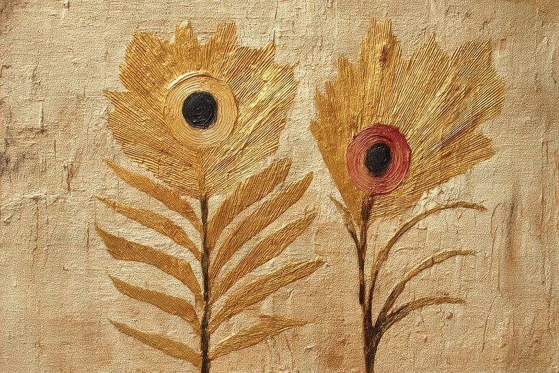 Gold flowers on textured canvas by Digitale Schilderijen