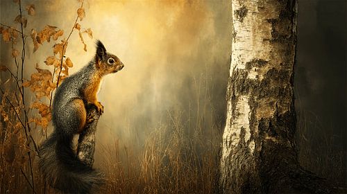 Squirrel on birch silver