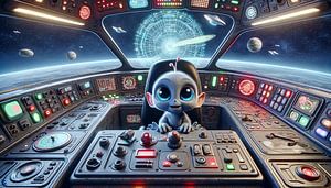 Kleiner Alien steuert Raumschiff durchs All