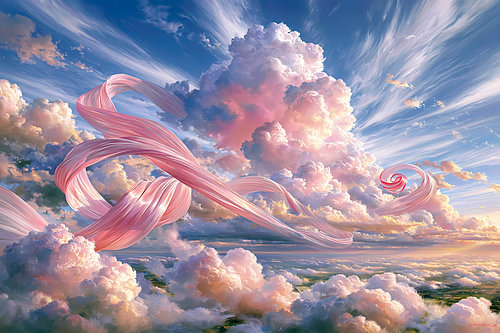 Roze Abstract Schilderij: Lint dat Danst door de Wolken