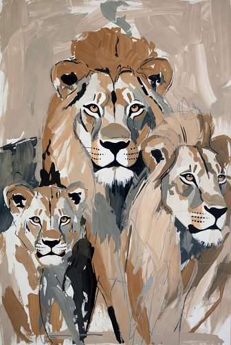 Three lionesses in warm earth tones