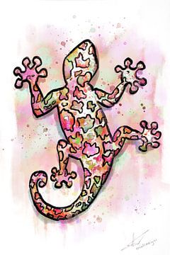 Gekleurde gekko, waterverf schilderij in tropische kleuren van Emiel de Lange