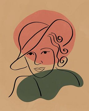 Femme au chapeau dessinant au trait avec deux formes organiques sur Tanja Udelhofen