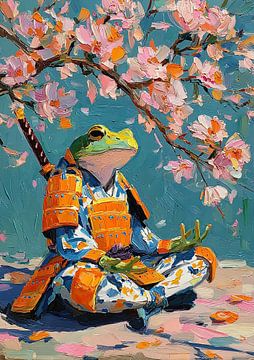 Mediterende kikker in kimono voor kersenbloesems
