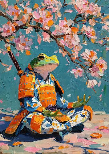 Mediterende kikker in kimono voor kersenbloesems