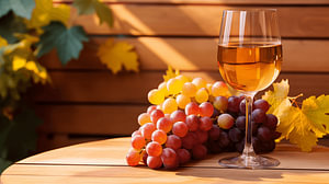 Ein Glas Wein mit Trauben auf einem Holzbrett mit orangefarbenem Hintergrund