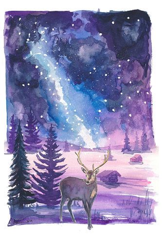 Voie lactée étoilée Rêves de forêt Cerfs enchantés Paysage nocturne Peinture