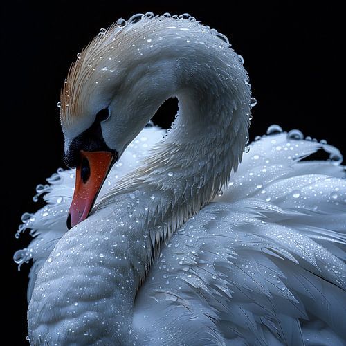 Gros plan sur un cygne élégant parsemé de gouttelettes d'eau