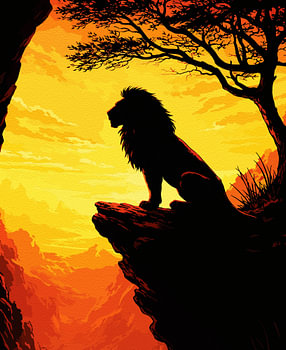 Löwe auf der Klippe bei Sonnenuntergang – Tiermotiv als Silhouette-Druck