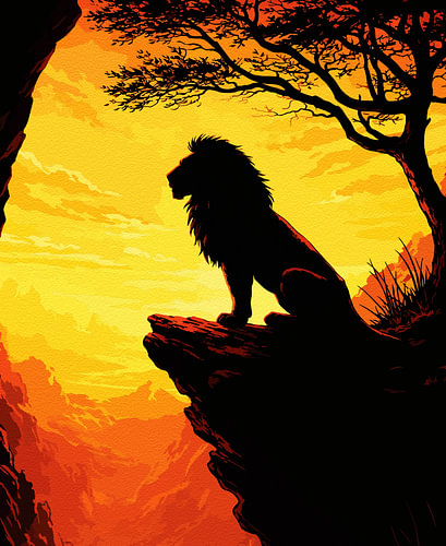 Löwe auf der Klippe bei Sonnenuntergang – Tiermotiv als Silhouette-Druck