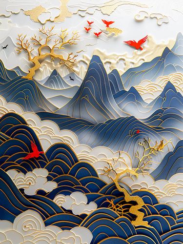 Chinees landschap in blauw