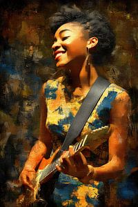 Femme avec une guitare dans la lumière chaude du soleil