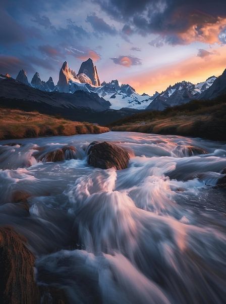 Wasser und Berge glühen von fernlichtsicht