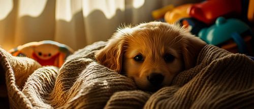 Schattige puppy in een warm bed