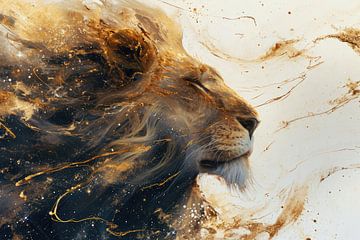 Digitaal abstract kunstwerk van een leeuw met magisch goud van Digitale Schilderijen