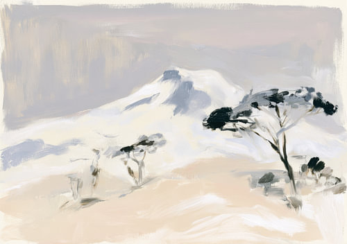 A wintry mountain landscape in soft shades