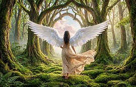 Woman with white wings in the woods
