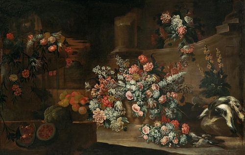 Stilleven met bloemen, fruit en vogels tussen ruïnes, Lombard School
