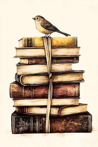 Vogeltje op oude boeken