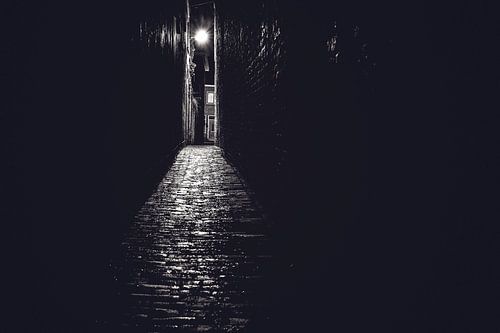 Alley in black and white with evening light