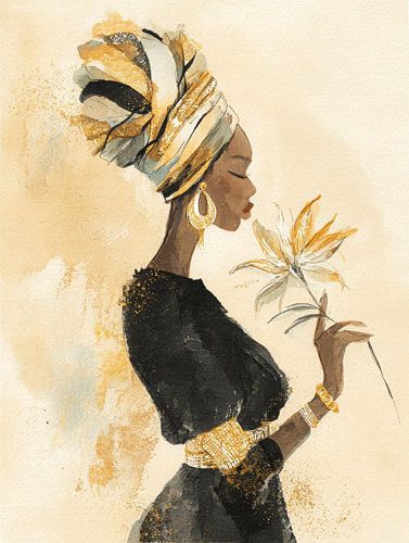 Portrait stylisé à l'aquarelle d'une femme africaine en noir et or avec une fleur