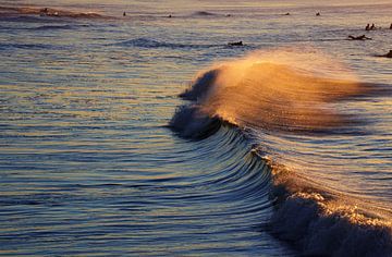 Surfers in de zee tijdens zonsondergang - Den Haag van Tim als fotograaf