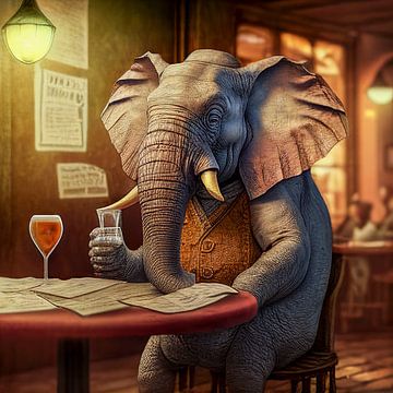 Elephant in a bar reading the newspaper illustration by Animaflora PicsStock
