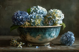 Deep Blue Hydrangeas in a Ceramic Bowl by Joriali Fine Art