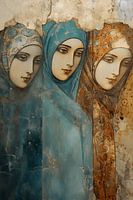 Decorative, antique-looking fresco of three women