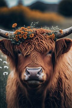 Hooglandse koe met bloemenkrans van treechild .