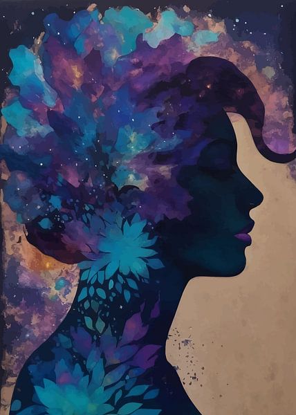 Abstract surrealisme van dubbele belichting meisje kosmische bloemen portret van MIROKKU