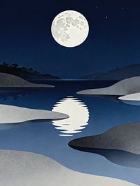 JAPANDI Full Moon Night Lake - Minimalist Blue Coastal Reflection Landscape Art by Minggu Galeri