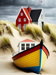 Dünenlandschaft Häuser Boot Sand  Gras Himmel Hügel