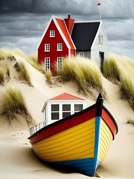 Duinlandschap Huizen Boot Zand Gras Hemel Heuvels van gm_designs