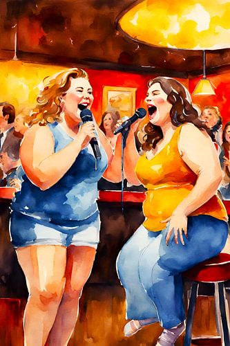 2 gezellige dames zingen een liedje in de karaokeclub