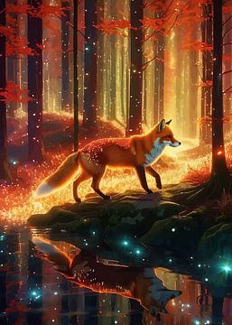 Fox in Autumn Forest Reflection by MIROKKU