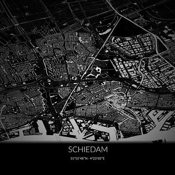 Zwart-witte landkaart van Schiedam, Zuid-Holland. van Rezona